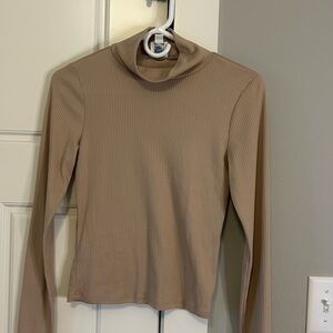 Blue Rain Ribbed Mock Neck Long Sleeve Top - Beige Tan